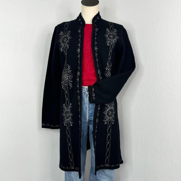 Wool Embroidered Zip Long Cardigan Sweater Black Fairycore Whimsigoth Size Small - Picture 1 of 8